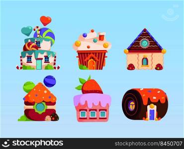 Candy houses. Sweets fantasy cakes with delicious liquid cream bakery products cookies from fairytale garish vector colored pictures in flat style. Illustration of cupcake and chocolate house. Candy houses. Sweets fantasy cakes with delicious liquid cream bakery products cookies from fairytale garish vector colored pictures in flat style