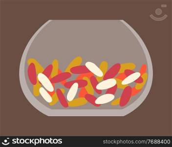 Candy in bowl, lollipops in deep transparent vase. Sweetmeats colorful pieces. Sweet candy with filling flat vector illustration. Candy store decor element, bakery production traditional delicious. Candy in bowl, lollipops in deep transparent vase. Sweetmeats colorful pieces with filling