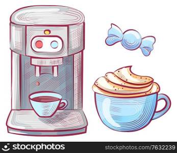 Candy in wrapping served with coffee poured in cup with plate vector. Coffeemaker machine with buttons for beverage making flat style latte brewery. Coffee Making Machine and Cup of Beverage Candy