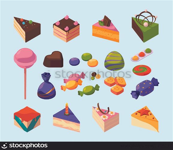 Candy isometric. Sweets delicious food for happy kids lollipop chocolate cakes and candy garish vector pictures set. Sweet food and chocolate, snack isometric illustration. Candy isometric. Sweets delicious food for happy kids lollipop chocolate cakes and candy garish vector pictures set