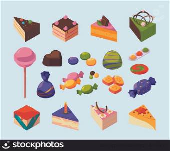 Candy isometric. Sweets delicious food for happy kids lollipop chocolate cakes and candy garish vector pictures set. Sweet food and chocolate, snack isometric illustration. Candy isometric. Sweets delicious food for happy kids lollipop chocolate cakes and candy garish vector pictures set