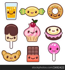 Candy kawaii food characters. Sweet design, dessert cartoon smile, set, vector illustration. Candy kawaii food characters