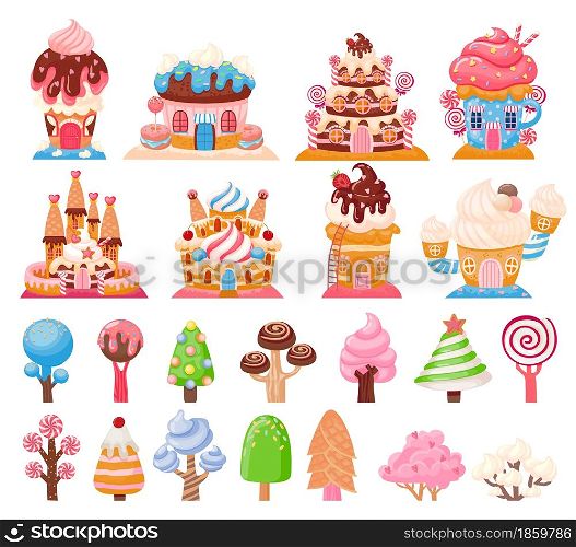 Candy land chocolate biscuit houses and caramel trees. Fantasy city with cake castles. Sweet game lollipops and cupcakes elements vector set. Fantastic ice cream plants and buildings