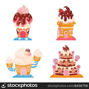 Candy land chocolate biscuit houses. Magic fantastic cake castles with cream and glaze on top decorated with lollipops. Ice cream fairy tale tasty building desserts isolated vector set. 2206 S ST Candy land chocolate biscuit houses