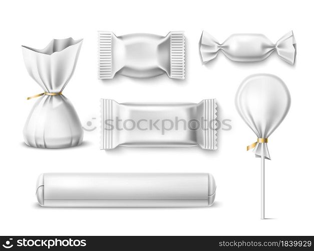 Candy packaging. Realistic sweets wrapping template, 3d sugar products, bonbons, lollipops, different shapes white paper mockup of food package vector set. Candy packaging. Realistic sweets wrapping template, 3d sugar products, bonbons, lollipops, different shapes white paper mockup. Vector set