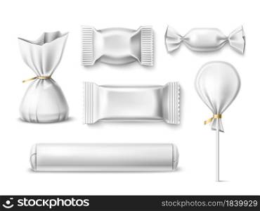 Candy packaging. Realistic sweets wrapping template, 3d sugar products, bonbons, lollipops, different shapes white paper mockup of food package vector set. Candy packaging. Realistic sweets wrapping template, 3d sugar products, bonbons, lollipops, different shapes white paper mockup. Vector set