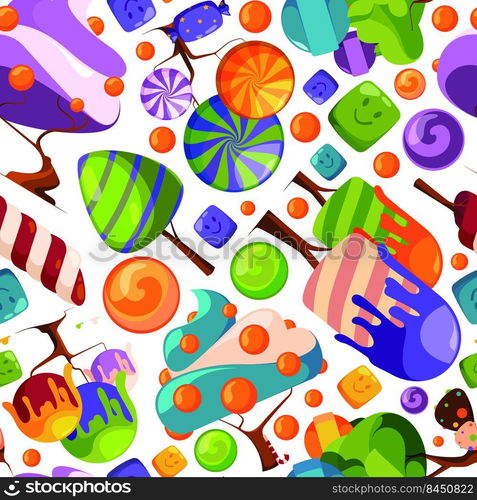 Candy pattern. Fairytale sugar and cream tree and flowers desserts from caramel garish vector seamless background for textile design template. Illustration of pattern dessert seamless. Candy pattern. Fairytale sugar and cream tree and flowers desserts from caramel garish vector seamless background for textile design template