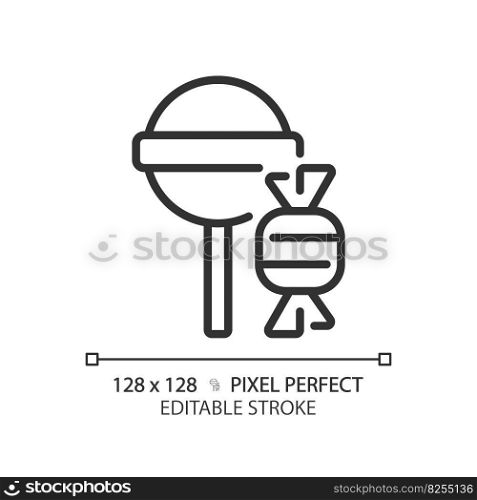 Candy pixel perfect linear icon. Confectionery store. Sweet shop. Caramel lollipop. Sugar based food. Thin line illustration. Contour symbol. Vector outline drawing. Editable stroke. Candy pixel perfect linear icon