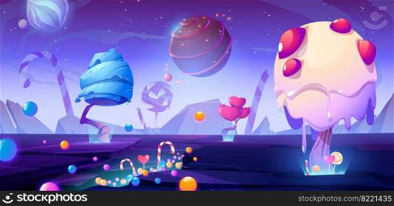 Candy planet cartoon poster with fantasy alien trees and sweets. Magic unusual nature landscape for computer game, fairy tale cosmic background with beautiful strange plants, vector web banner. Candy planet cartoon poster with sweets