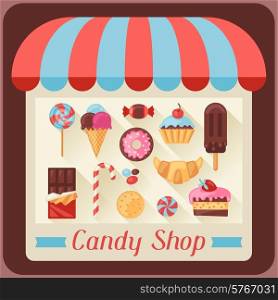 Candy shop background with candy, sweets and cakes.