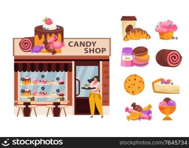 Candy shop business concept with pastry and sweets symbols flat vector illustration