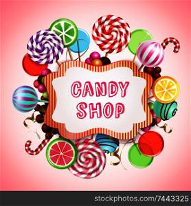 Candy shop composition with realistic images of sweet caramel products and lollies with text in frame vector illustration. Candy Shop Background Composition