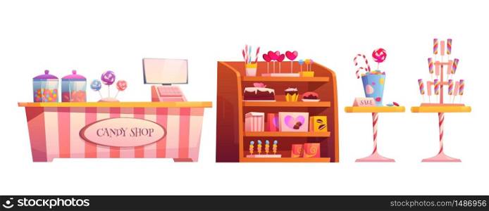 Candy shop empty interior furniture set with various pastry, cashier desk, shelf and tables with chocolate, candycanes and lollipops for sale, sweets decorate elements cartoon vector illustration. Candy shop empty interior with various pastry