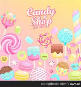 Candy shop inviting banner. Isolated sweets -candy,macaroon,candy cane,lollipop,caramel,marmalade.Template for confectionery,sweet shops and poster,advertise for candyshops. Vector illustration. Candy shop inviting banner.