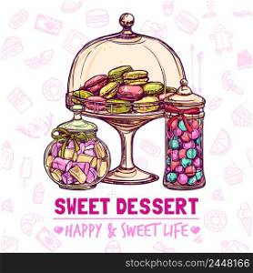 Candy shop poster with sweets cookies and macarons sketch vector illustration. Candy Shop Poster
