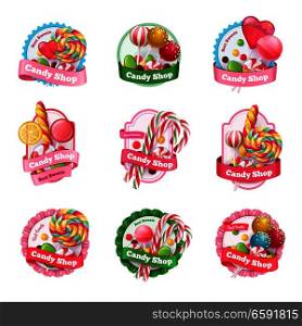 Candy shop set of emblems with colorful fruit lollipops of various shape, spiral sweets isolated vector illustration . Candy Shop Emblems Set