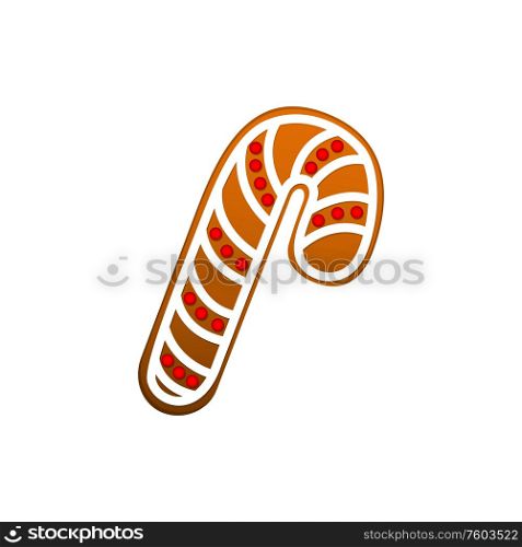Candy stick isolated gingerbread cookie. Vector sweet biscuit with sugar icing, homemade baking. Gingerbread candy stick isolated biscuit