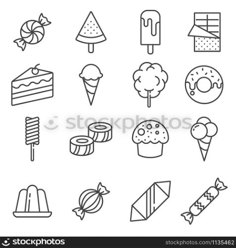 Candy vector icon set in thin line style. Gray Candy vector icon set on background