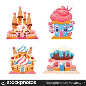 Candyland chocolate biscuit houses, sweet castles set made from chocolate and dessert, candy and cake, fantasy from childhood illustration. Candyland chocolate biscuit houses, sweet castles set