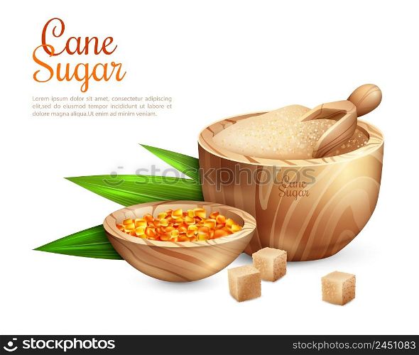 Cane sugar background with realistic images of wooden tub filled with granulated sugar and sweet candies vector illustration. Cane Sugar Pail Background