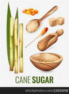 Cane sugar transparent set with spoon and bowl cartoon isolated vector illustration. Cane Sugar Transparent Set