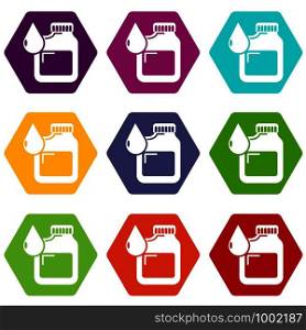 Canister engine oil icons 9 set coloful isolated on white for web. Canister engine oil icons set 9 vector
