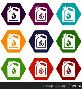 Canister oil icons 9 set coloful isolated on white for web. Canister oil icons set 9 vector