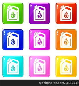 Canister oil icons set 9 color collection isolated on white for any design. Canister oil icons set 9 color collection