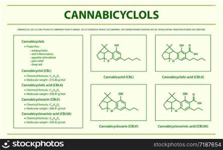 Cannabicyclol CBL with Structural Formulas in Cannabis horizontal infographic illustration about cannabis as herbal alternative medicine and chemical therapy, healthcare and medical science vector.