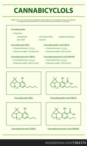 Cannabicyclol CBL with Structural Formulas in Cannabis vertical infographic illustration about cannabis as herbal alternative medicine and chemical therapy, healthcare and medical science vector.