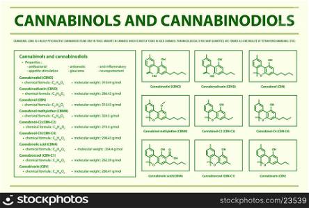 Cannabinol and Cannabinodiol CBN with Structural Formulas in Cannabis horizontal infographic illustration about cannabis as herbal alternative medicine and chemical therapy, healthcare and medical science vector.