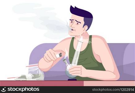 Cannabis addiction flat color vector illustration. Smoking psychotropic substances. Narcomania. Young caucasian man smoking weed with bong isolated cartoon character on white background