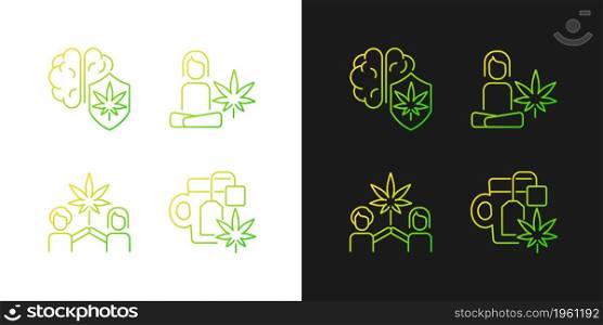 Cannabis and mental health gradient icons set for dark and light mode. Marijuana brain protection. Thin line contour symbols bundle. Isolated vector outline illustrations collection on black and white. Cannabis and mental health gradient icons set for dark and light mode