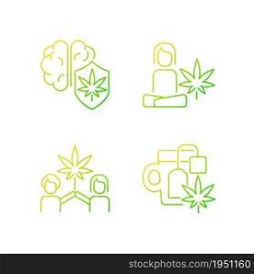 Cannabis and mental health gradient linear vector icons set. Marijuana brain protection. Antidepressant effects. Thin line contour symbols bundle. Isolated outline illustrations collection. Cannabis and mental health gradient linear vector icons set