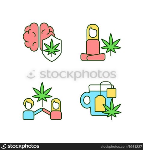 Cannabis and mental health RGB color icons set. Marijuana brain protection. Antidepressant effects. Weed tea. Isolated vector illustrations. Simple filled line drawings collection. Editable stroke. Cannabis and mental health RGB color icons set