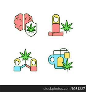 Cannabis and mental health RGB color icons set. Marijuana brain protection. Antidepressant effects. Weed tea. Isolated vector illustrations. Simple filled line drawings collection. Editable stroke. Cannabis and mental health RGB color icons set