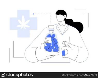 Cannabis capsules abstract concept vector illustration. Pharmacist holding medical marijuana pills bottles, CBD products, herbal drug, legalized cannabis for medical purposes abstract metaphor.. Cannabis capsules abstract concept vector illustration.