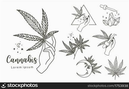cannabis collection with bottle,moon,hand.Vector illustration for icon,sticker,printable