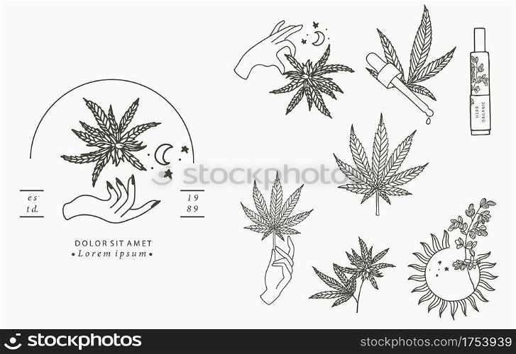 cannabis collection with bottle,sun,hand.Vector illustration for icon,sticker,printable