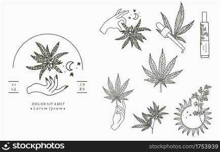 cannabis collection with bottle,sun,hand.Vector illustration for icon,sticker,printable