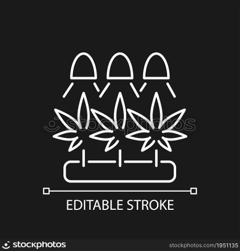 Cannabis cultivation white linear icon for dark theme. Grow herbs under artificial light. Thin line customizable illustration. Isolated vector contour symbol for night mode. Editable stroke. Cannabis cultivation white linear icon for dark theme