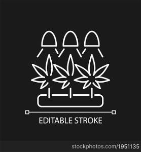 Cannabis cultivation white linear icon for dark theme. Grow herbs under artificial light. Thin line customizable illustration. Isolated vector contour symbol for night mode. Editable stroke. Cannabis cultivation white linear icon for dark theme