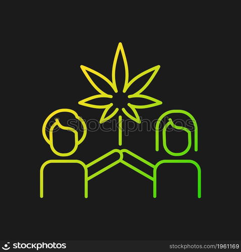 Cannabis culture gradient vector icon for dark theme. Recreational marijuana use. Social movement. Legal consumption. Thin line color symbol. Modern style pictogram. Vector isolated outline drawing. Cannabis culture gradient vector icon for dark theme