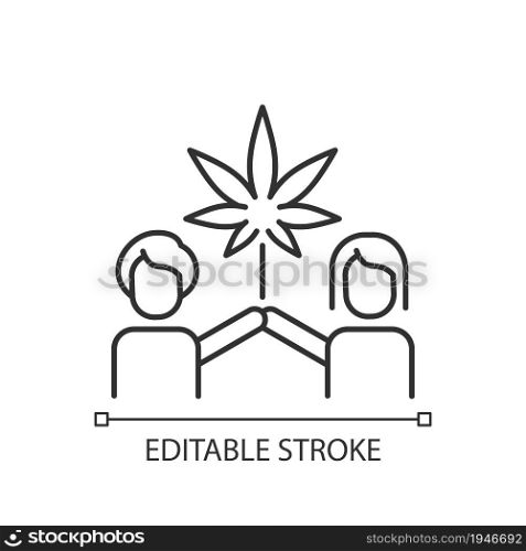 Cannabis culture linear icon. Recreational marijuana use. Social movement. Legal consumption. Thin line customizable illustration. Contour symbol. Vector isolated outline drawing. Editable stroke. Cannabis culture linear icon