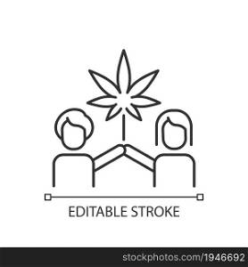 Cannabis culture linear icon. Recreational marijuana use. Social movement. Legal consumption. Thin line customizable illustration. Contour symbol. Vector isolated outline drawing. Editable stroke. Cannabis culture linear icon