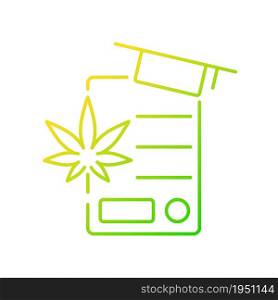 Cannabis education gradient linear vector icon. Prepare for cannabis industry. Pharmaceutical science. Academic program. Thin line color symbol. Modern style pictogram. Vector isolated outline drawing. Cannabis education gradient linear vector icon