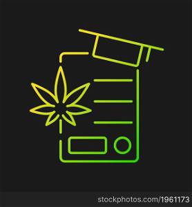 Cannabis education gradient vector icon for dark theme. Training for cannabis industry. Pharmaceutical science. Thin line color symbol. Modern style pictogram. Vector isolated outline drawing. Cannabis education gradient vector icon for dark theme