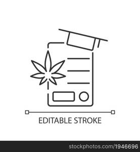 Cannabis education linear icon. Training for cannabis industry. Pharmaceutical science. Thin line customizable illustration. Contour symbol. Vector isolated outline drawing. Editable stroke. Cannabis education linear icon