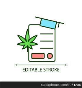 Cannabis education RGB color icon. Training for cannabis industry. Pharmaceutical science. Medical marijuana law. Isolated vector illustration. Simple filled line drawing. Editable stroke. Cannabis education RGB color icon