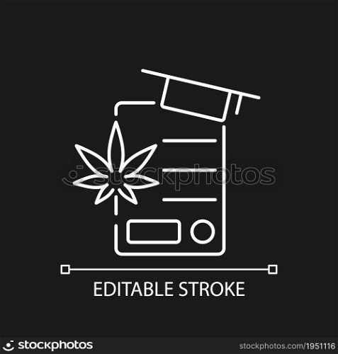 Cannabis education white linear icon for dark theme. Pharmaceutical science. Academic program. Thin line customizable illustration. Isolated vector contour symbol for night mode. Editable stroke. Cannabis education white linear icon for dark theme